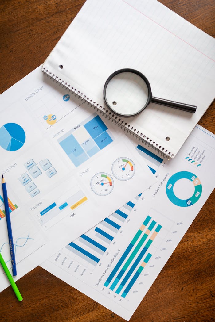 About A set of financial charts and graphs with a magnifying glass, perfect for business reports.